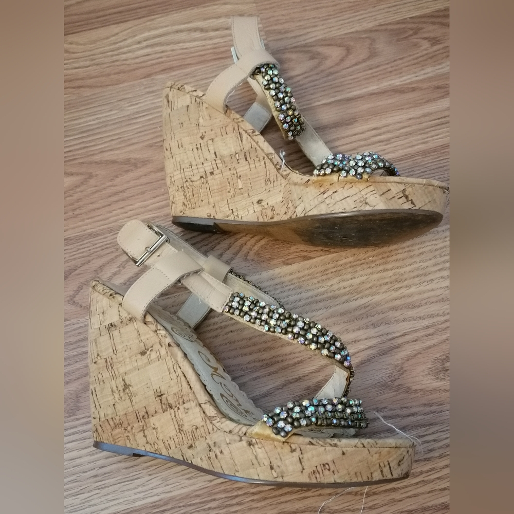 Naughty Monkey Cork Wedge Rhinestone Bead Heels 7.5